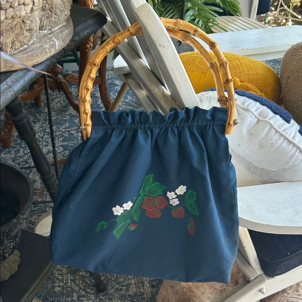 Vintage 70’s Navy Bag with Hand-Painted Strawberries & Bamboo Handles - Picture 2 of 10